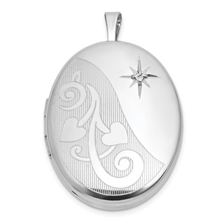 Sterling Silver Rhodium-plated Polished Front/Brushed Back 1/20 carat Diamond Hearts Swirl Design 26mm Oval Locket