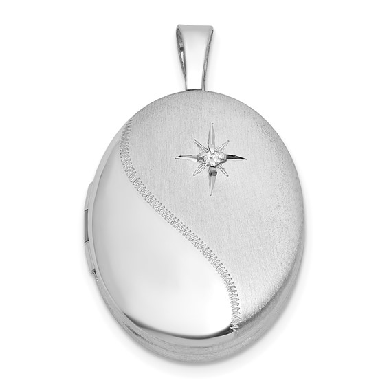 Sterling Silver Rhodium-plated Brushed And Polished 1/20 carat Diamond 16mm Oval Locket