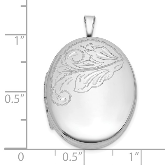 Sterling Silver Rhodium-plated Polished Front/Brushed Back Diamond-cut Floral Design 20mm Oval Locket