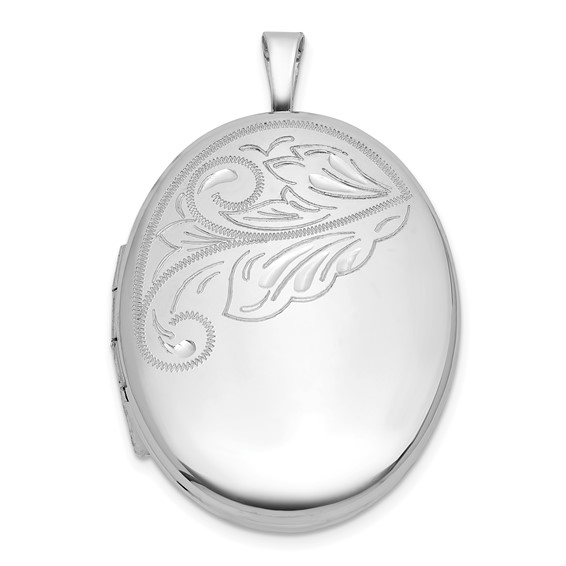 Sterling Silver Rhodium-plated Polished Front/Brushed Back Diamond-cut Floral Design 20mm Oval Locket