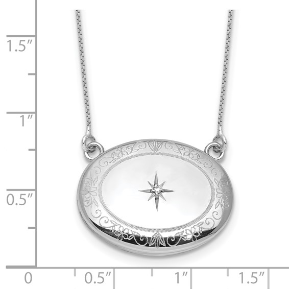 Sterling Silver Rhodium-plated Polished Front/Brushed Back 1/20 ct. Diamond Floral 18.75 inch with 2 inch ext. 20mm Oval Locket Necklace