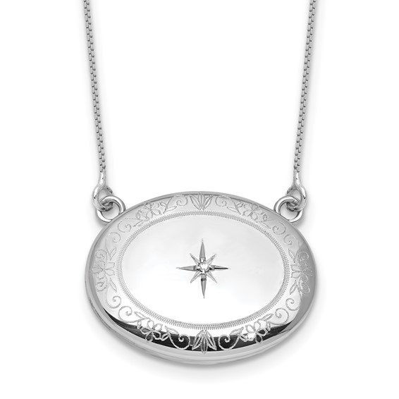 Sterling Silver Rhodium-plated Polished Front/Brushed Back 1/20 ct. Diamond Floral 18.75 inch with 2 inch ext. 20mm Oval Locket Necklace