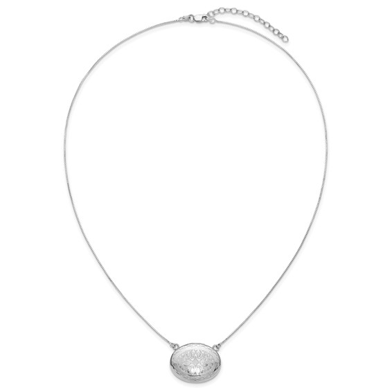 Sterling Silver Rhodium-plated Polished Front/Brushed Back 18.75 inch with 2 inch extension 20mm Oval Filigree Locket Necklace
