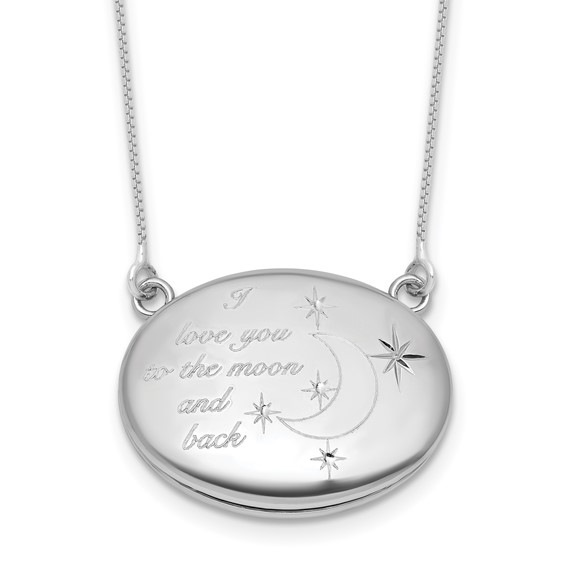 Sterling Silver Rhodium-plated Polished Front/Brushed Back Love To Moon and Back 18.75 inch with 2 inch ext. 20mm Oval Locket Necklace
