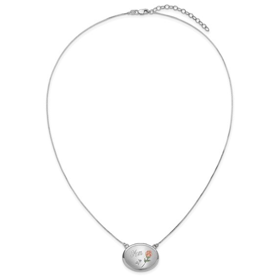 Sterling Silver Rhodium-plated Brushed/Polished Pink and Green Epoxy MOM Rose 18.75 inch with 2 inch ext. 20mm Oval Locket Necklace