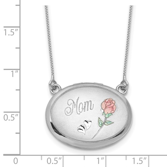 Sterling Silver Rhodium-plated Brushed/Polished Pink and Green Epoxy MOM Rose 18.75 inch with 2 inch ext. 20mm Oval Locket Necklace