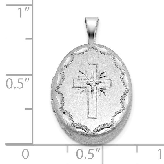 Sterling Silver Rhodium-plated Brushed  1/20 carat Diamond Engraved Cross 16mm Oval Locket