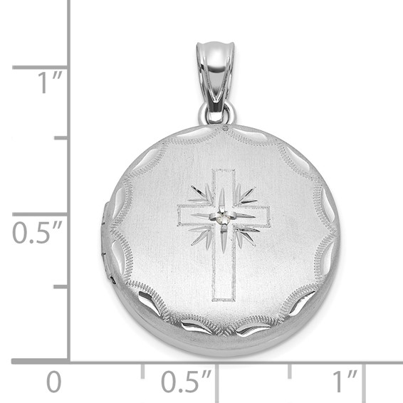 Sterling Silver Rhodium-plated Brushed Diamond-cut with 1/20 carat Diamond Cross 20mm Round Locket