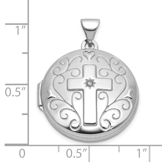 Sterling Silver Rhodium-plated Half Point Diamond Cross 20mm Scrolled Round Locket