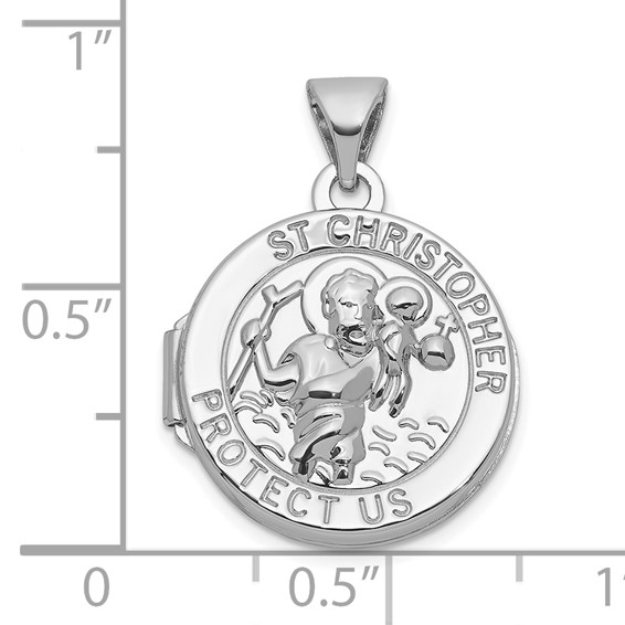 Sterling Silver Rhodium-plated Saint Christopher Protect Us 16mm Round Locket
