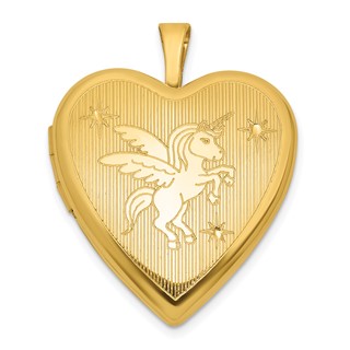 Sterling Silver Gold-plated Polished Front/Brushed Back Unicorn/Alicorn 20mm Heart Locket