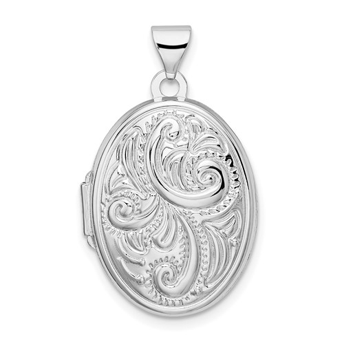 Sterling Silver Rhodium-plated Polished Scroll Design Reversible Same on Back 21mm Oval Locket