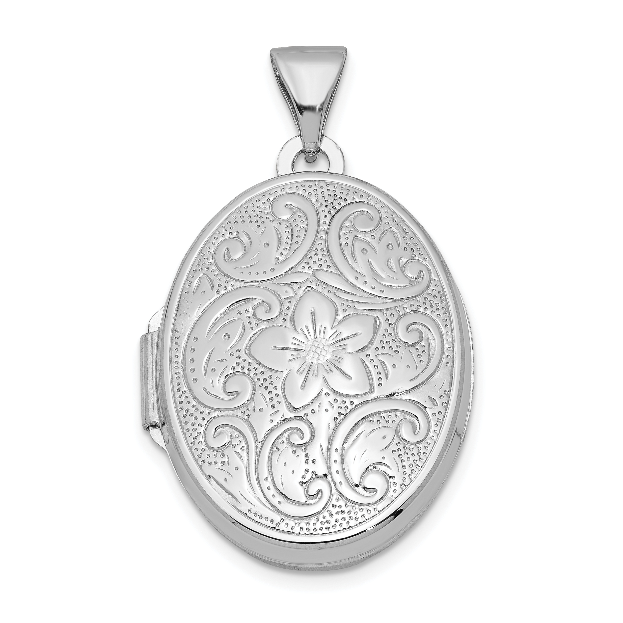 Sterling Silver Rhodium-plated Oval Floral Locket (QLS190)