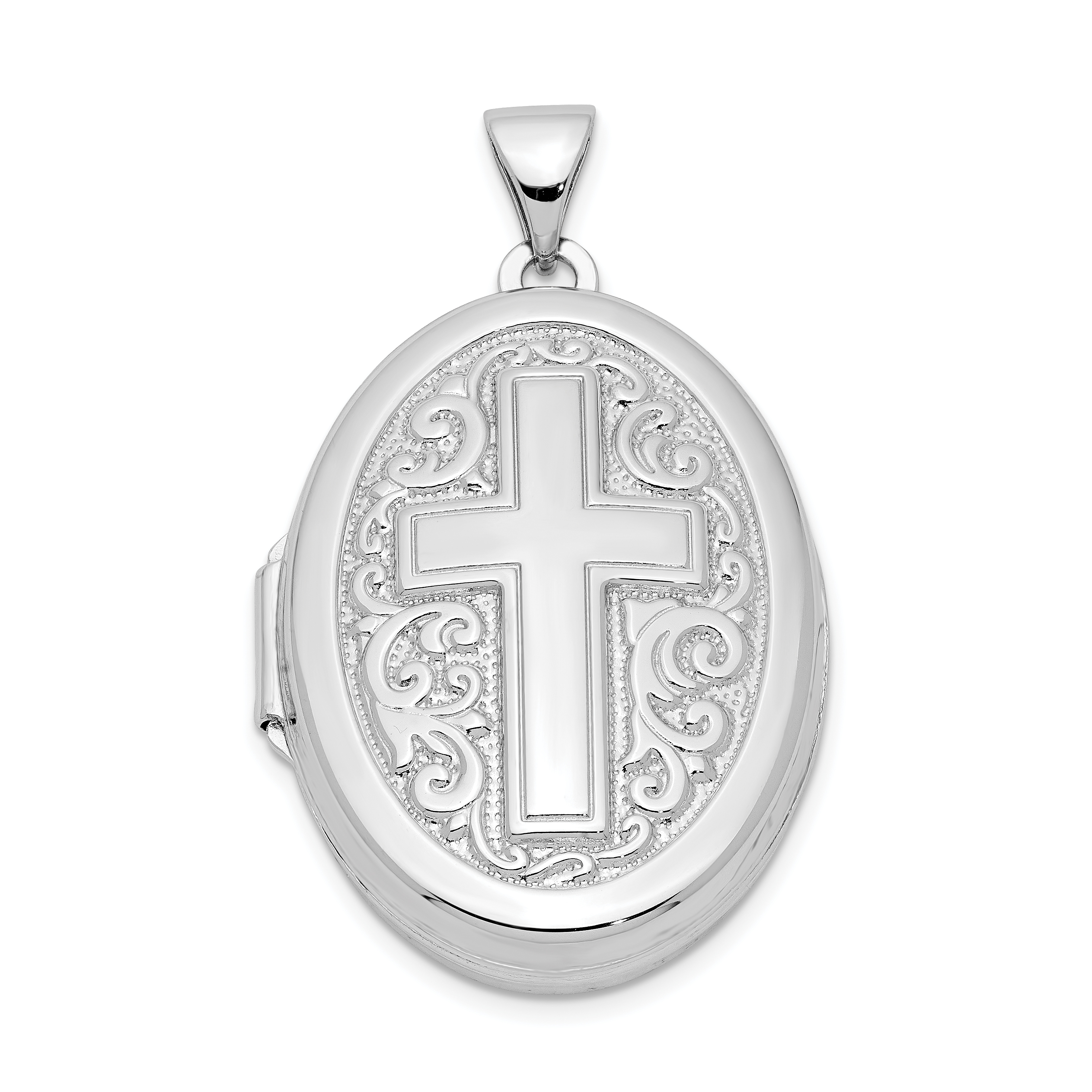 Sterling Silver Rhodium-plated Oval Cross Locket (QLS217)