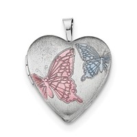 Sterling Silver Rhodium-plated Satin Pink and Blue Enamel Butterflies 20mm Heart Locket Necklace, 18" view 3