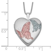 Sterling Silver Rhodium-plated Satin Pink and Blue Enamel Butterflies 20mm Heart Locket Necklace, 18" view 4