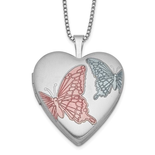 Sterling Silver Rhodium-plated Satin Pink and Blue Enamel Butterflies 20mm Heart Locket Necklace, 18"