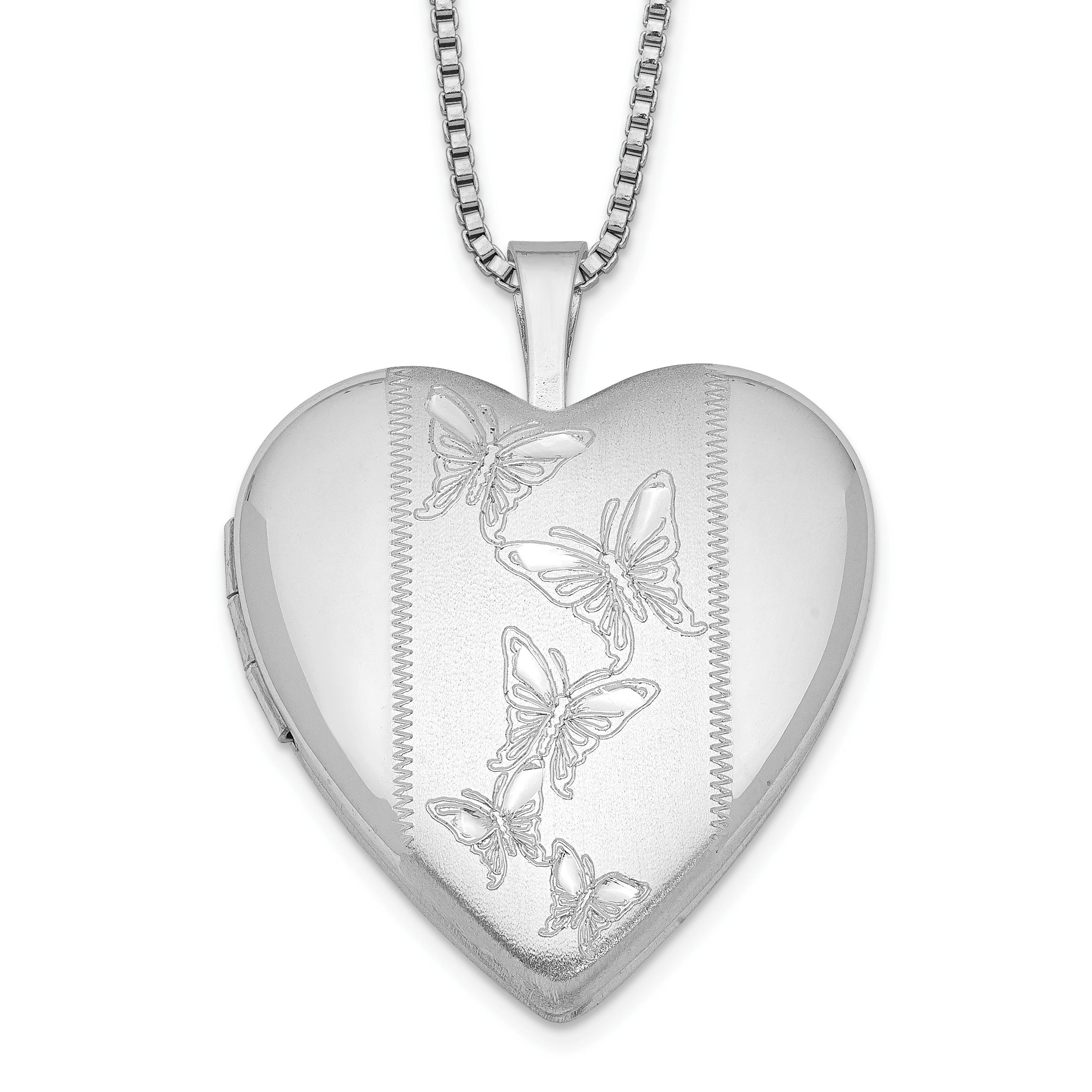 Sterling Silver Rhodium-plated 20mm Butterflies Heart Locket Necklace (QLS234-18)