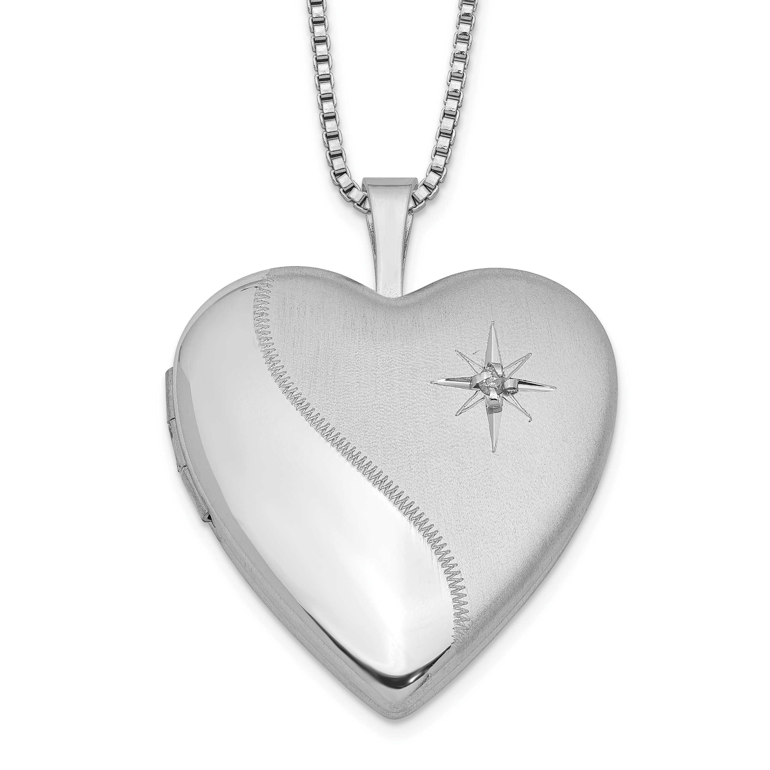 Sterling Silver Rhodium-plated 20mm Satin Diamond Heart Locket Necklace (QLS239-18)