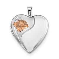 Sterling Silver Rhodium-plated Polished Front Satin Back Pink Enamel Rose 20mm Heart Locket Necklace, 18" view 3