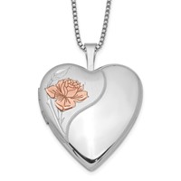 Sterling Silver Rhodium-plated Polished Front Satin Back Pink Enamel Rose 20mm Heart Locket Necklace, 18" view 1