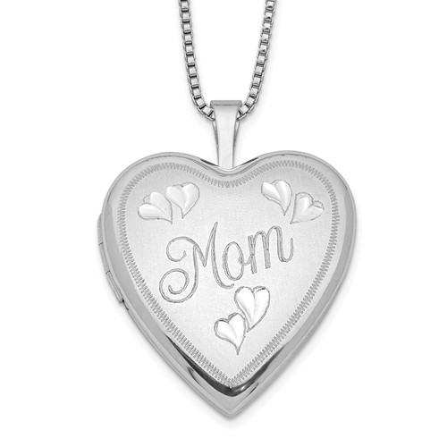 Sterling Silver Rhodium-plated Satin Diamond-cut Mom 20mm Heart Locket Necklace, 18"