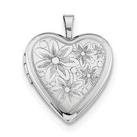 Sterling Silver Rhodium-plated Polished Front Satin Back Daisies 20mm Heart Locket Necklace, 18" view 3