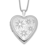 Sterling Silver Rhodium-plated Polished Front Satin Back Daisies 20mm Heart Locket Necklace, 18" view 1