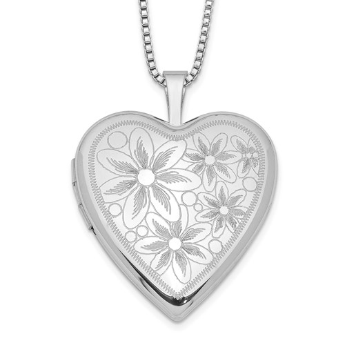 Sterling Silver Rhodium-plated Polished Front Satin Back Daisies 20mm Heart Locket Necklace, 18"