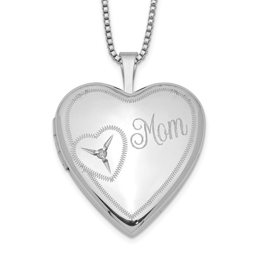 Sterling Silver Rhodium-plated Polished Front Satin Back Mom Diamond 20mm Heart Locket Necklace, 18"