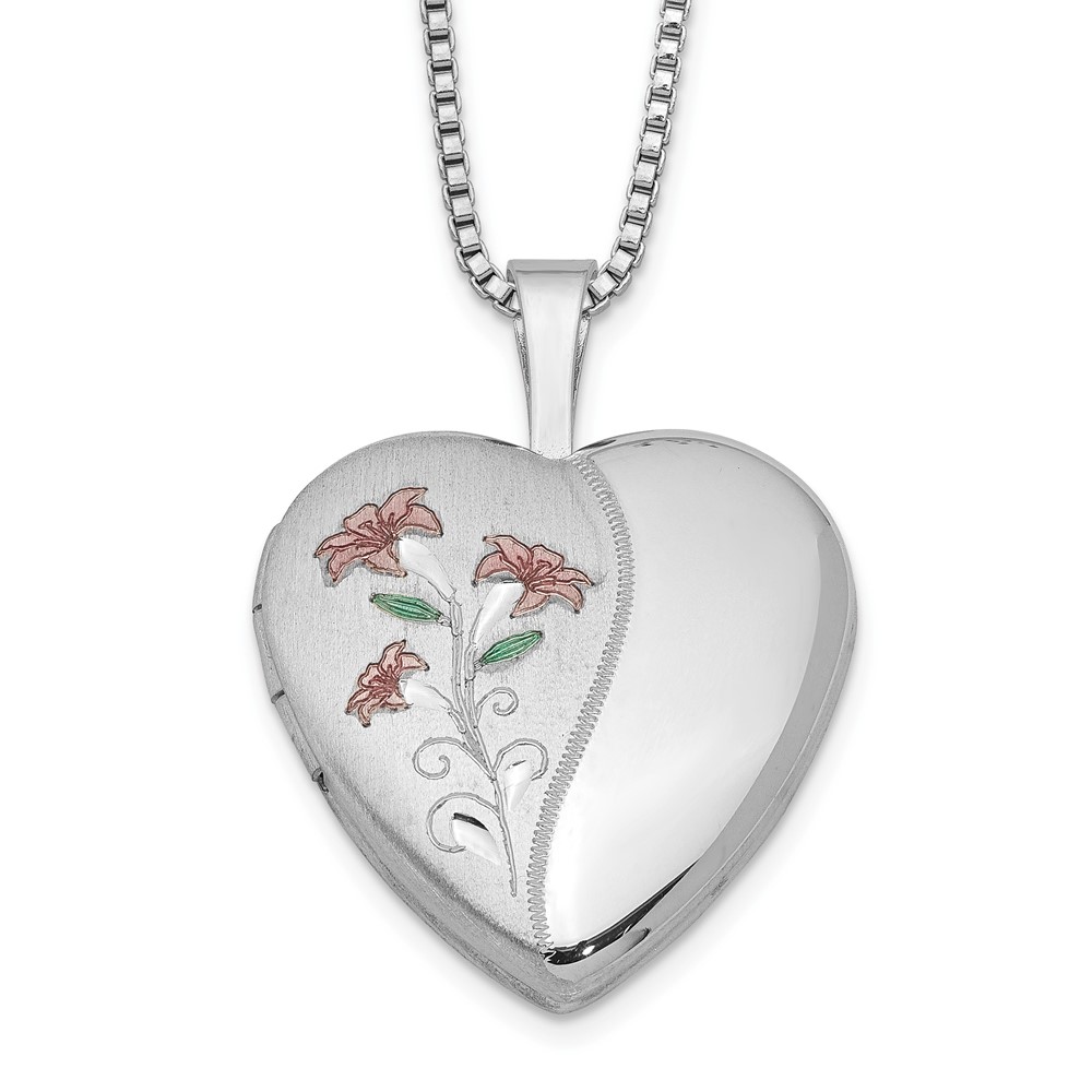 Sterling Silver Rhodium-plated 16mm Enameled Lily Heart Locket Necklace