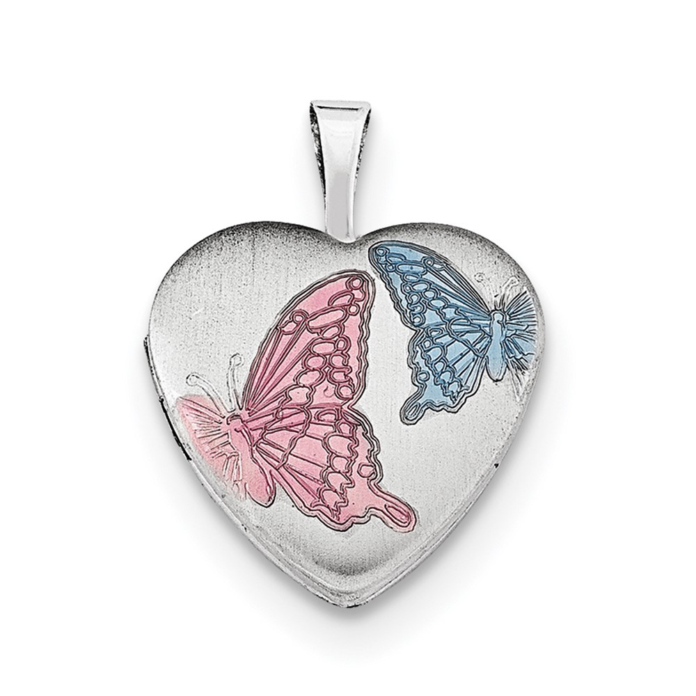 Sterling Silver RH-plated 16mm Satin Enamel Butterfly Heart Locket Necklace (QLS256-18)