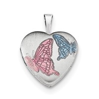 Sterling Silver Rhodium-plated Satin Pink and Blue Enamel Butterfly 16mm Heart Locket Necklace, 18" view 3