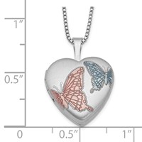 Sterling Silver Rhodium-plated Satin Pink and Blue Enamel Butterfly 16mm Heart Locket Necklace, 18" view 4