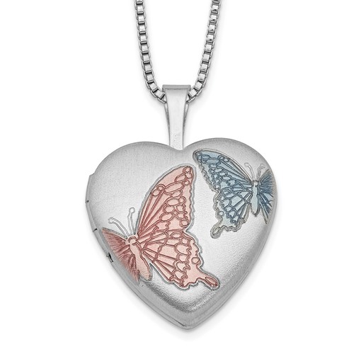 Sterling Silver Rhodium-plated Satin Pink and Blue Enamel Butterfly 16mm Heart Locket Necklace, 18"