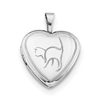 Sterling Silver Rhodium-plated Polished Front Satin Back Cat 16mm Heart Locket Necklace, 18" view 3