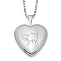 Sterling Silver Rhodium-plated Polished Front Satin Back Cat 16mm Heart Locket Necklace, 18" view 1
