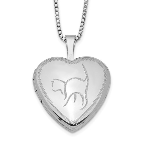 Sterling Silver Rhodium-plated Polished Front Satin Back Cat 16mm Heart Locket Necklace, 18"