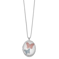 Sterling Silver Rhodium-plated Satin Pink and Blue Enameled Butterfly 26mm Oval Locket Necklace, 18" view 2