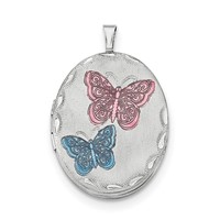 Sterling Silver Rhodium-plated Satin Pink and Blue Enameled Butterfly 26mm Oval Locket Necklace, 18" view 3