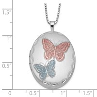 Sterling Silver Rhodium-plated Satin Pink and Blue Enameled Butterfly 26mm Oval Locket Necklace, 18" view 4