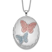 Sterling Silver Rhodium-plated Satin Pink and Blue Enameled Butterfly 26mm Oval Locket Necklace, 18" view 1