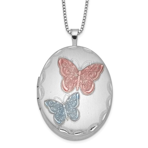 Sterling Silver Rhodium-plated Satin Pink and Blue Enameled Butterfly 26mm Oval Locket Necklace, 18"