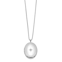 Sterling Silver Rhodium-plated Polished Front Satin Back Circle Border Diamond Star 26mm Oval Locket Necklace, 18" view 2