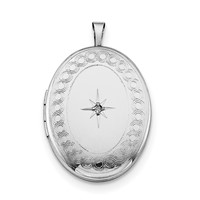 Sterling Silver Rhodium-plated Polished Front Satin Back Circle Border Diamond Star 26mm Oval Locket Necklace, 18" view 3