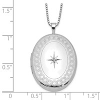 Sterling Silver Rhodium-plated Polished Front Satin Back Circle Border Diamond Star 26mm Oval Locket Necklace, 18" view 4