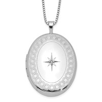 Sterling Silver Rhodium-plated Polished Front Satin Back Circle Border Diamond Star 26mm Oval Locket Necklace, 18" view 1