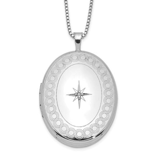 Sterling Silver Rhodium-plated Polished Front Satin Back Circle Border Diamond Star 26mm Oval Locket Necklace, 18"