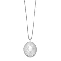 Sterling Silver Rhodium-plated Satin Diamond-cut Floral 26mm Oval Locket Necklace, 18" view 2