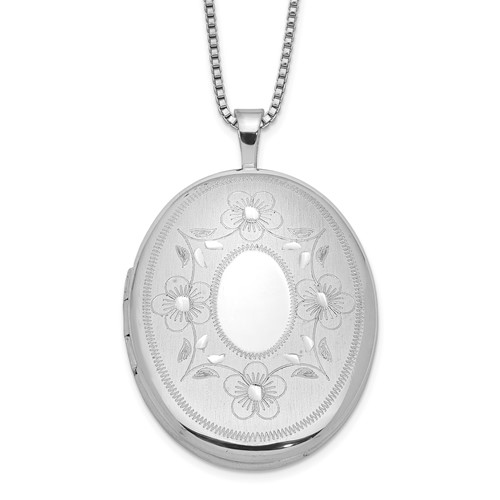 Sterling Silver Rhodium-plated Satin Diamond-cut Floral 26mm Oval Locket Necklace, 18"